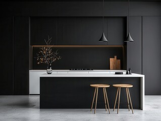 Matte black and white minimalist kitchen with seamless cabinetry and integrated lighting, modern kitchen design, minimalist cabinetry