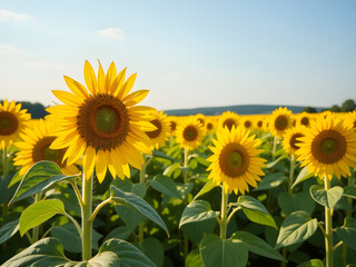Fototapeta premium Vibrant Sunflower Field Under Clear Blue Sky with Tall Sunflower Highlighted by Natural Sunlight, Radiating Warmth and Cheerfulness, Lush Green Leaves Creating Striking Contrast Against Bright Yellow