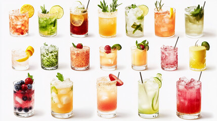 Colorful assortment of refreshing cocktails and mocktails on a white background