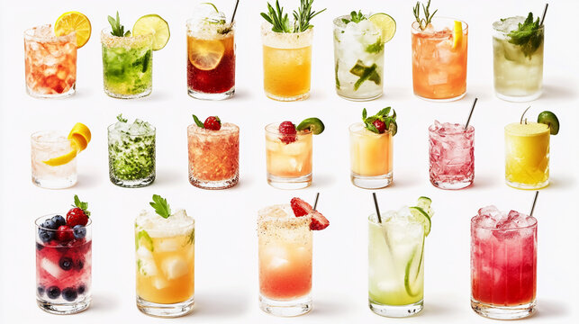 Colorful assortment of refreshing cocktails and mocktails on a white background