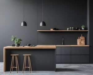 Minimalist kitchen with matte grey cabinets, light wooden accents, and sleek countertops, modern design, minimalist kitchen