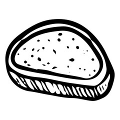 Piece of bread hand drawn doodle. Baked bun. Bakery. Loaf. Baguette. Wheat dough pie. Sweet food. Cut off slice. Homemade pastry. Sugar biscuit dessert. Vector sketch line art illustration.