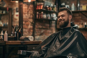 Fototapeta premium Happy man getting a haircut in a barbershop.