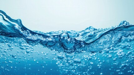 Blue liquid wave with bubbles, vibrant aquatic flow, immersive underwater essence, dynamic movement creating a sense of fluidity and rhythm in a captivating scene