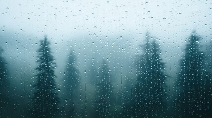 Obraz premium Raindrops on Glass, a close-up view capturing droplets clinging to a window, with a blurred foggy forest landscape gently appearing in the background, space for text