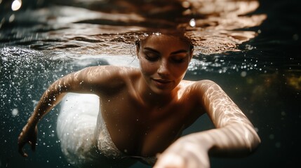 Fototapeta premium Graceful underwater elegance: the enchanting swan princess in serene motion for mystical art prints