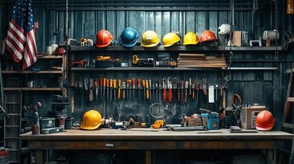A well-organized workshop with tools and safety helmets on display.