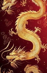 Obraz premium A luxurious background with golden Chinese dragon motifs swirling against a deep red backdrop, symbolizing wealth and prosperity