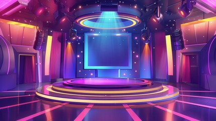 Vibrant Cartoon Stage Design, a modern studio space filled with rich colors and intricate details, showcasing a stunningly bright and inviting atmosphere for performances.