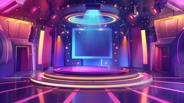 Vibrant Cartoon Stage Design, a modern studio space filled with rich colors and intricate details, showcasing a stunningly bright and inviting atmosphere for performances.