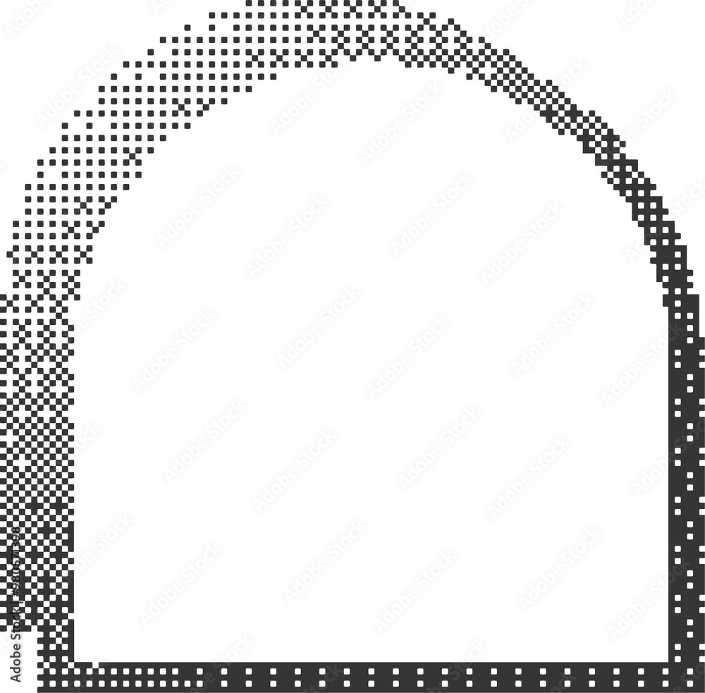 Poster pixel pattern frame. bitmap arch window. dotted dither graphic element. noisy arcade game gradient a
