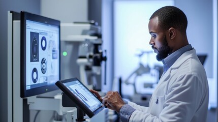 Fototapeta premium Exploring Eye Strain: Patient Using Assessment Tool in Contemporary Optometry Clinic