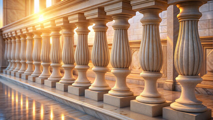 Close-up of a classic stone balustrade, smooth marble columns with ornate detailing, soft daylight highlighting the craftsmanship and texture