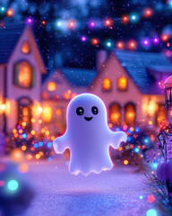Fototapeta premium A cheerful ghost stands in a festive winter scene adorned with colorful lights, creating a whimsical holiday atmosphere.