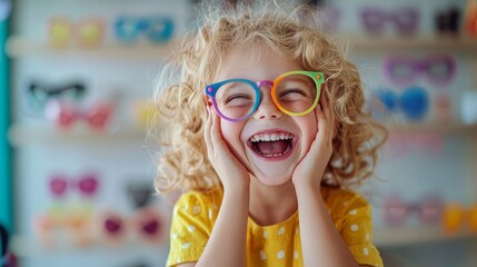 Joyful Child Trying on Colorful Eyeglasses at Optometry Office Amid Cheerful Decor