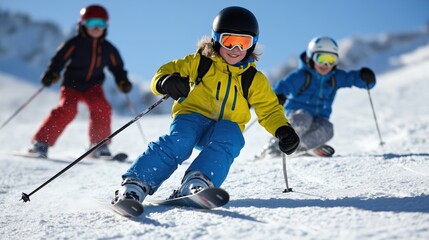 Joyful winter adventure: family skiing in snowy mountains for fun and excitement