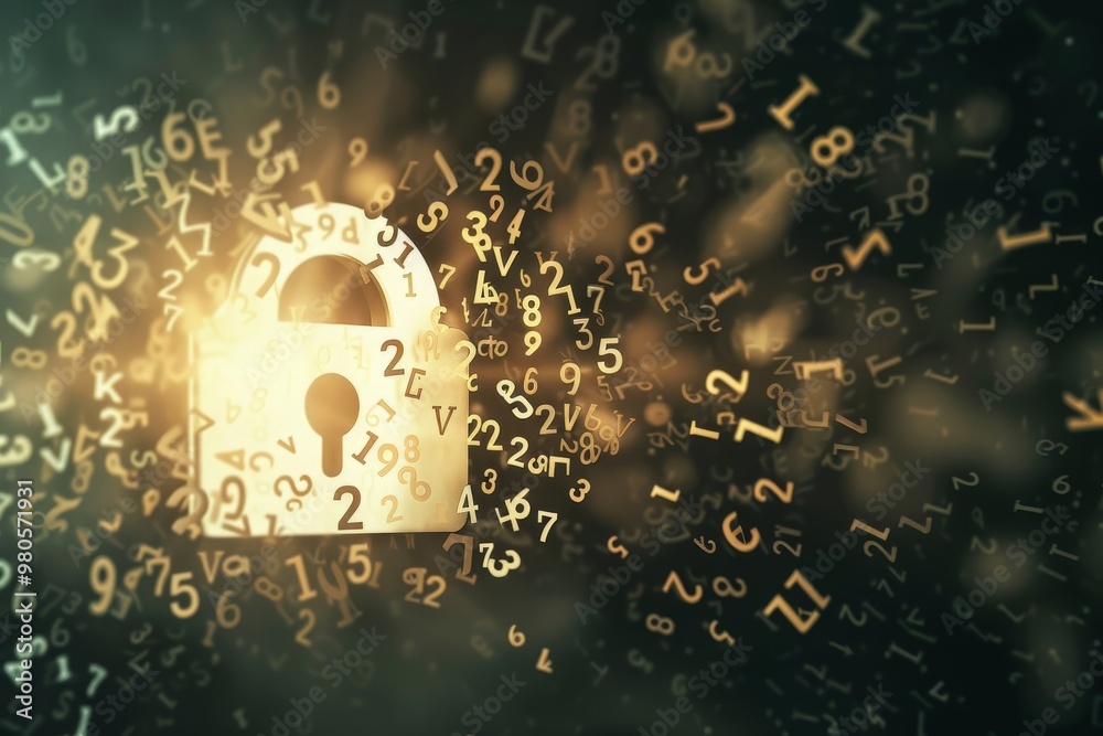 Poster Abstract cybersecurity design with flowing encrypted data and a secure digital padlock, symbolizing the importance of online data protection and privacy