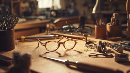Artisan Crafting Stylish Eyeglass Frame with Intricate Details and Tools in Background