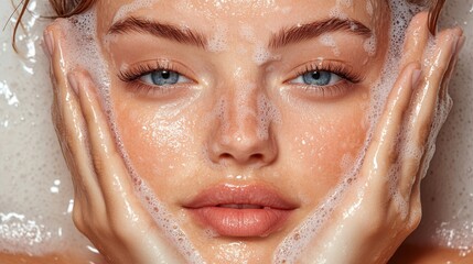 Glistening Skin and Serenity, a close-up portrait of a woman cleansing her face, showcasing glossy skin and subtle makeup, illuminated by soft, bright studio lighting.