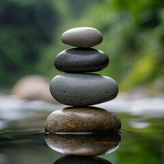 zen stone stack in a tranquil stream with a blurry green background