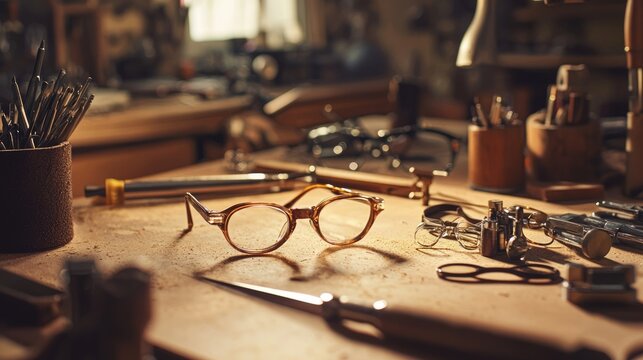 Artisan Crafting Stylish Eyeglass Frame with Intricate Details and Tools in Background