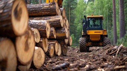 Fototapeta premium Logging industry focus: heavy machinery and stacked timber in forest - ideal for environmental print and educational use