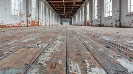 Forgotten Industrial Space, a desolate factory floor showcasing peeling paint, rusted machinery, and remnants of a once-thriving workspace, embodying urban decay and neglect.