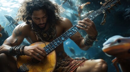 Fototapeta premium Magical music in underwater fantasy scene with sadko and gusli instrument