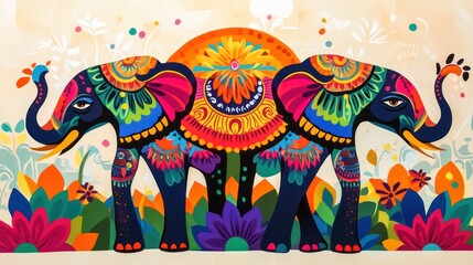Obraz premium An Onam greeting with a vibrant, hand-drawn pookalam, elephants, and traditional Kerala boat races in a colorful and festive style.