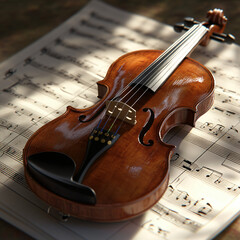 Fototapeta premium vintage violin on sheet music with sunbeams - classic music instrument, closeup, brown, gold, elegant