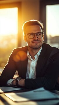 Executive with a cryptic smile during a business negotiation high-end office setting golden hour light