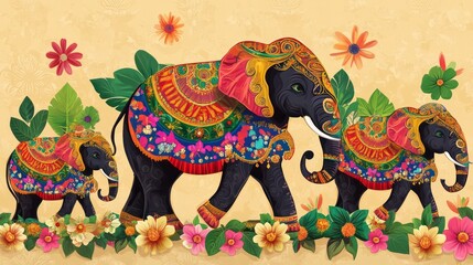 An Onam greeting with a vibrant, hand-drawn pookalam, elephants, and traditional Kerala boat races in a colorful and festive style.