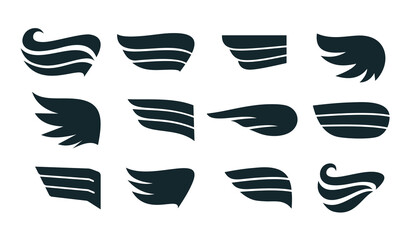 Set of black silhouettes wings. Template for logo, labels, badges designs. Different vector wings shapes. Collection of bird wings silhouette for logo, tattoo, label, badge design.