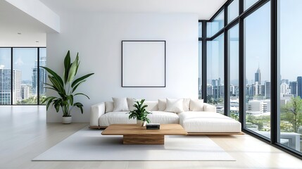 Open-plan minimalist living room with a neutral sofa, wooden coffee table, and floor-to-ceiling windows, minimalist style, open floor plan