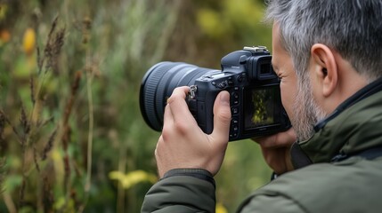 Outdoor nature photography enthusiast using professional camera in lush greenery for inspiration