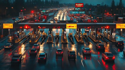 Busy Toll Plaza at Night with Traffic Lights and Rain