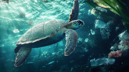 Obraz premium Sea turtle swimming through plastic waste in the ocean, symbolizing the threat of pollution to marine life