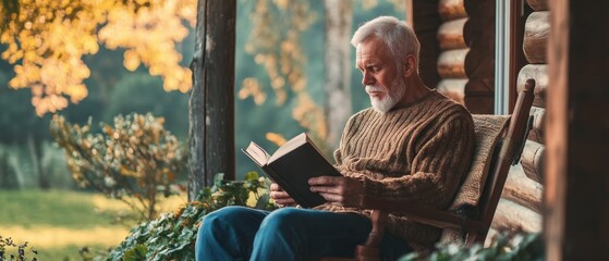 Fototapeta na wymiar Elderly man reading a book on a comfortable porch with scenic views, surrounded by nature, relaxing and contemplative moment