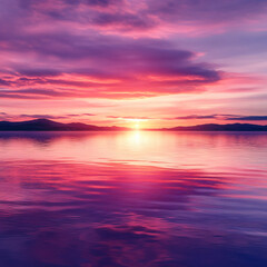 pink and purple sunset over calm lake water with silhouetted mountains
