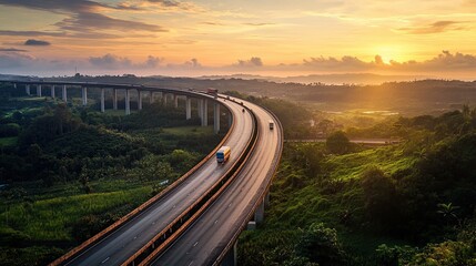 "Scenic Highway Curving Through Lush Landscape at Sunset"