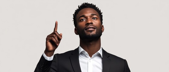 An elegant African man gracefully pointing upwards, radiating confidence and poise, set against a solid white background