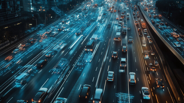 AI-powered smart city traffic system optimizing vehicle flow, featuring real-time data analysis and automated control. The advanced technology enhances urban mobility, reducing congestion and improvin