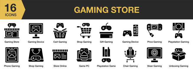 Gaming Store solid icon set. Includes cart, chair, game pc, device, and More. Solid icons vector collection. © spacepixel