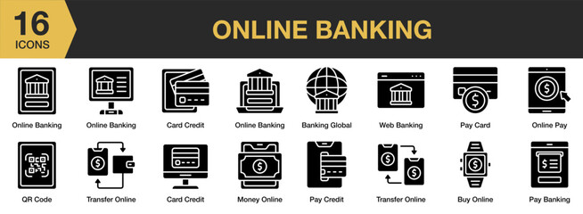 Online Banking solid icon set. Includes banking global, buy, credit card, money, and More. Solid icons vector collection.