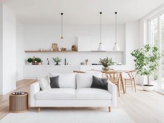 Fototapeta premium Cozy minimalist living room with a white sofa, open layout, and a view of the kitchen in the background, open-concept living, minimalist design