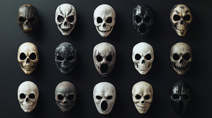 Various decorative skulls arranged in a grid pattern on a dark backdrop in artistic display