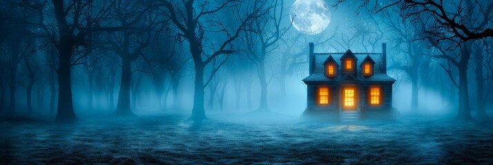 A cozy house in a misty, eerie forest under a full moon, evoking a mysterious and haunting atmosphere. Halloween background.