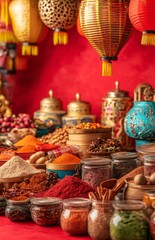 Fototapeta premium A vibrant Chinese market scene with colorful lanterns, traditional goods, and exotic spices laid out against a red backdrop