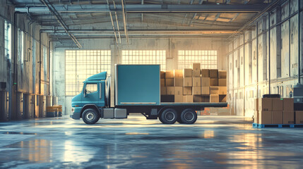 Naklejka premium A sleek blue truck stands with its door ajar, revealing a pallet of boxes within, as sunlight streams into the spacious, empty warehouse