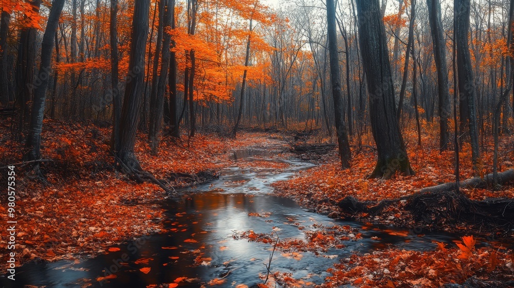 Poster a stream flows through a dark, wooded area. the forest floor is covered in red and orange leaves. th